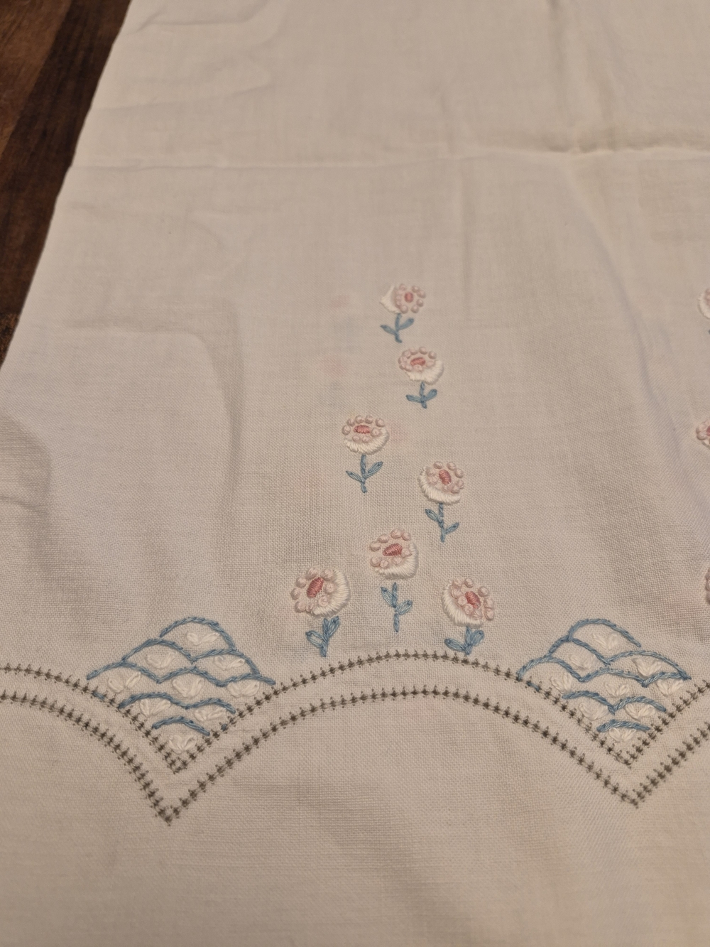 Embroidered White Linen Panel with Pink & Blue Floral Detail Table/Dresser Scarf
